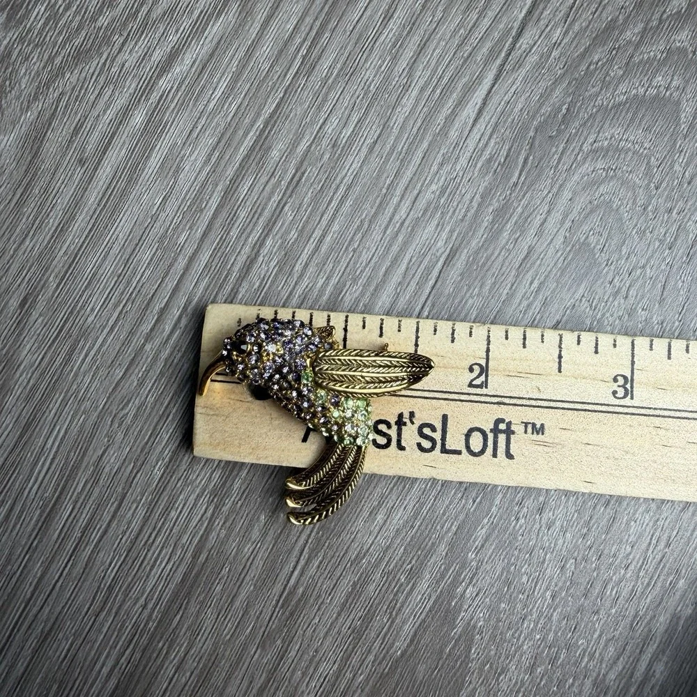 Vintage Signed Monet Purple Green Rhinestone Hummingbird Brooch Pin Gold Tone